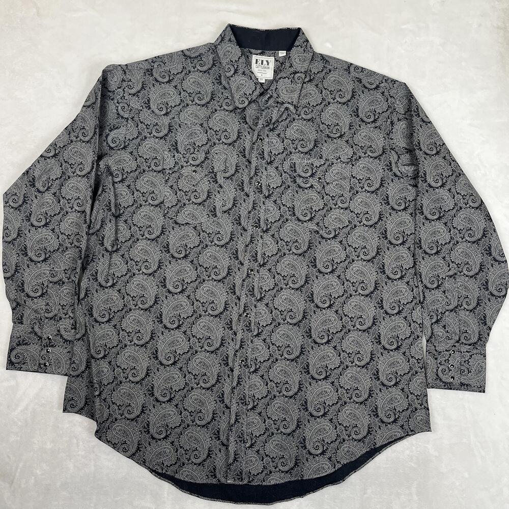 Ely Cattleman Shirt Mens 2XL Black Paisley Long Sleeve Western Snap Front Casual